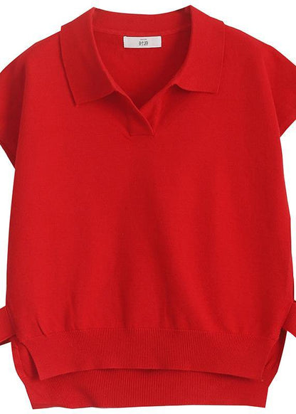 For Spring Red Sweaters Lapel Sleeveless Knit Tops