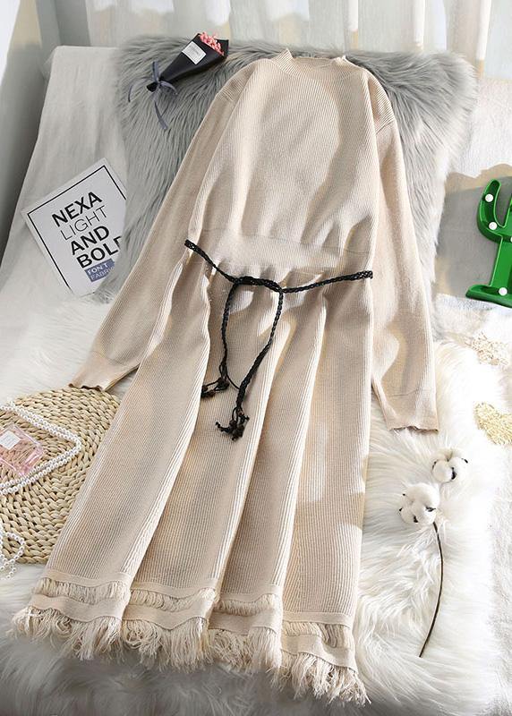 For Spring Tassel Sweater Weather Beige Hipster Knitted Dress