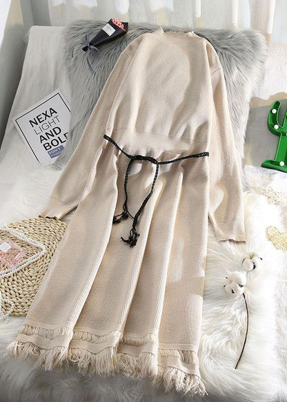 For Spring Tassel Sweater Weather Beige Hipster Knitted Dress