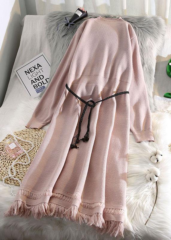 For Spring Tassel Sweater Weather Beige Hipster Knitted Dress