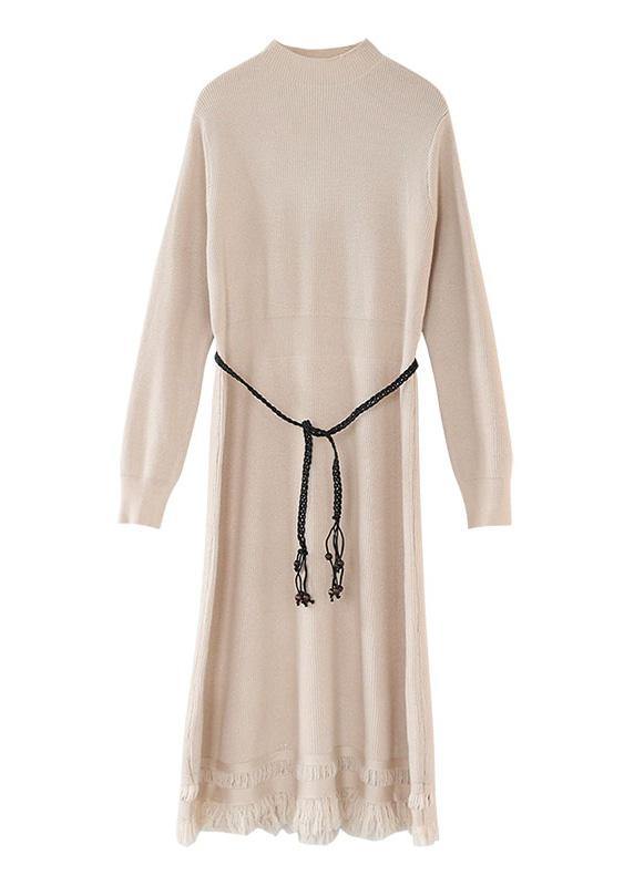 For Spring Tassel Sweater Weather Beige Hipster Knitted Dress