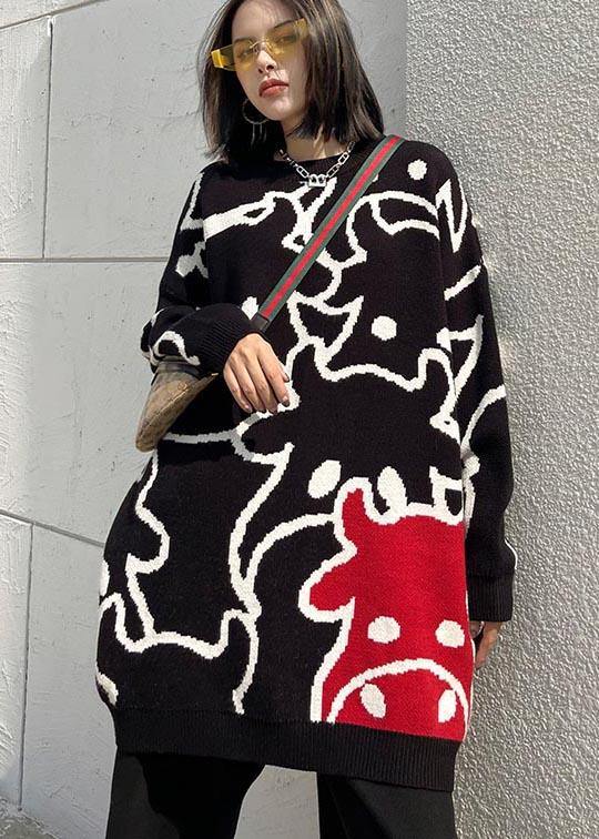 For Work Black Cartoon Flower Weaving Knit Blouse O Neck Knit Sweat Tops
