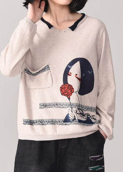 For Work Cartoon Print Knitted Pullover Beige Knitted Sweater Fall Wild
