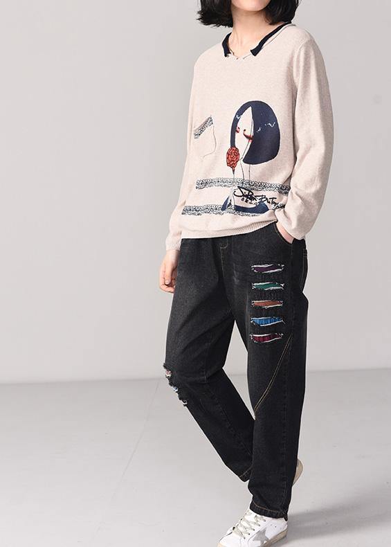 For Work Cartoon Print Knitted Pullover Beige Knitted Sweater Fall Wild