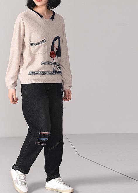 For Work Cartoon Print Knitted Pullover Beige Knitted Sweater Fall Wild
