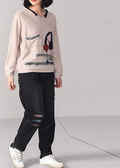 For Work Cartoon Print Knitted Pullover Beige Knitted Sweater Fall Wild
