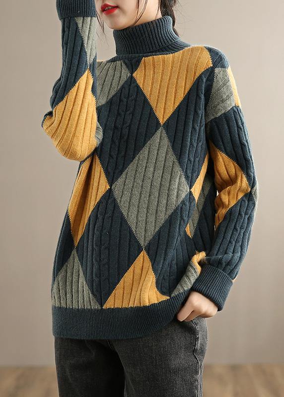 For Work Gray Blue Plaid Sweater Tops High Neck Oversized Sweaters