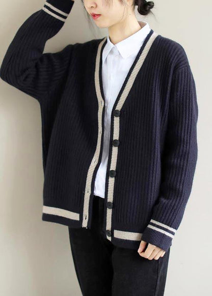 For Work Spring Navy Knit Tops V Neck Button Down Top