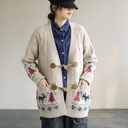 For Work Spring knit sweat tops trendy plus size Beige Deer Print knitted cardigans