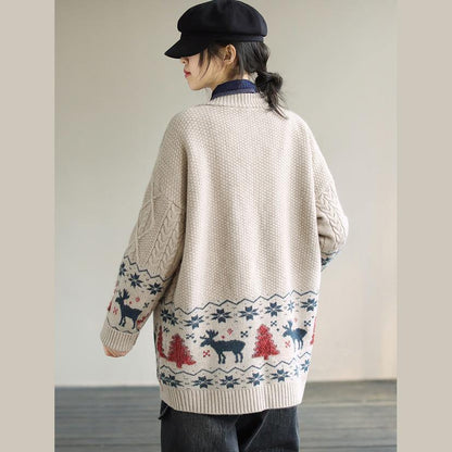 For Work Spring knit sweat tops trendy plus size Beige Deer Print knitted cardigans