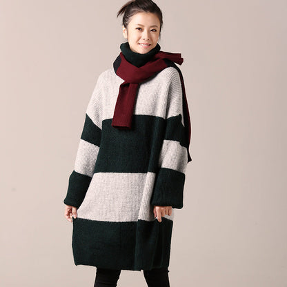 For Work Sweater Dress Outfit Long Sleeve Green Striped Tunic Knit Dress Fall High Neck