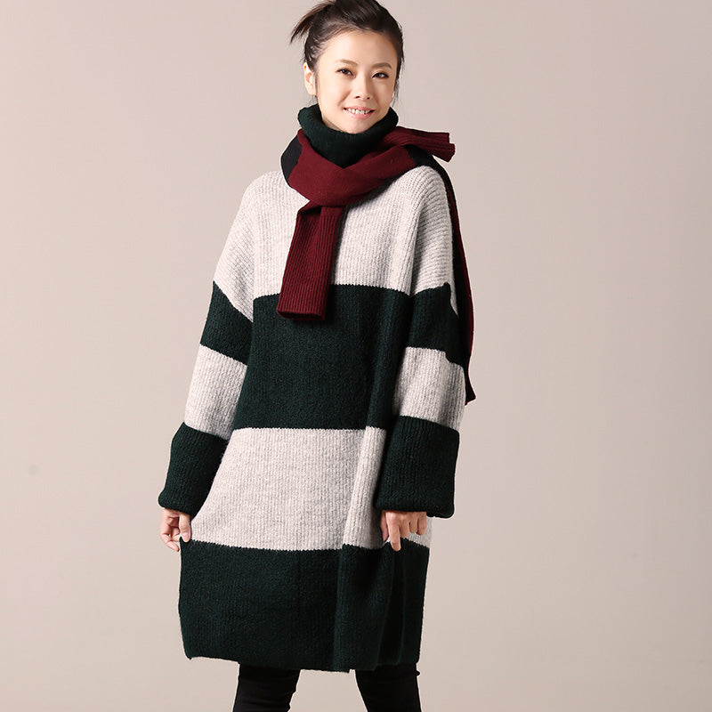 For Work Sweater Dress Outfit Long Sleeve Green Striped Tunic Knit Dress Fall High Neck