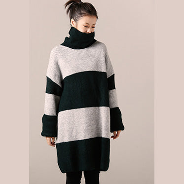 For Work Sweater Dress Outfit Long Sleeve Green Striped Tunic Knit Dress Fall High Neck