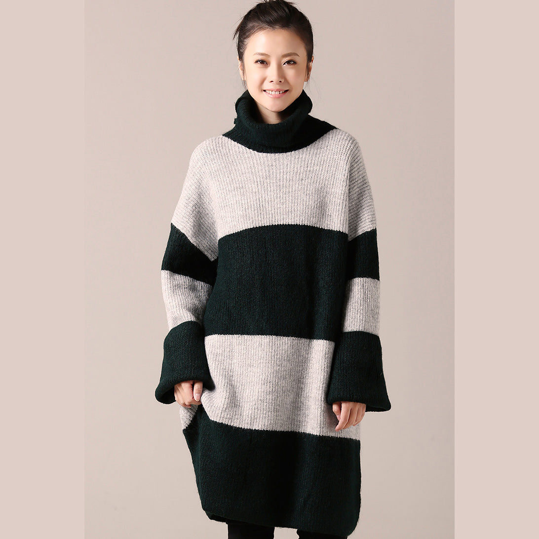 For Work Sweater Dress Outfit Long Sleeve Green Striped Tunic Knit Dress Fall High Neck