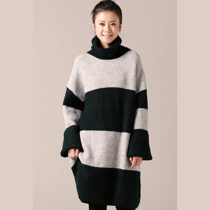 For Work Sweater Dress Outfit Long Sleeve Green Striped Tunic Knit Dress Fall High Neck