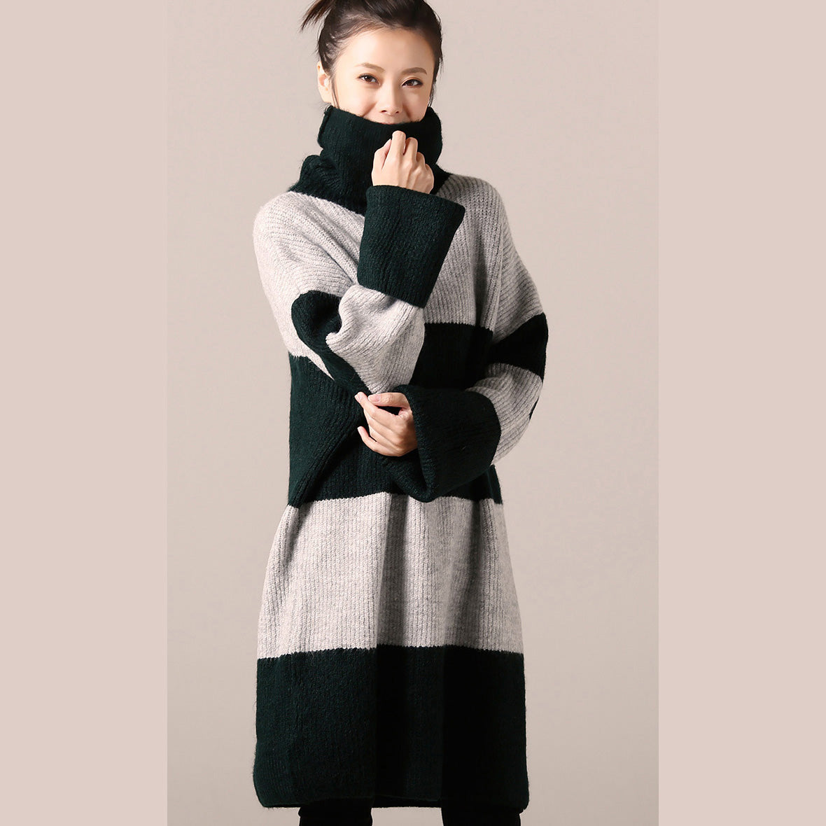 For Work Sweater Dress Outfit Long Sleeve Green Striped Tunic Knit Dress Fall High Neck