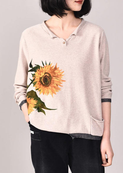 For Work Beige Knitted Tops Loose Knitwear Prints