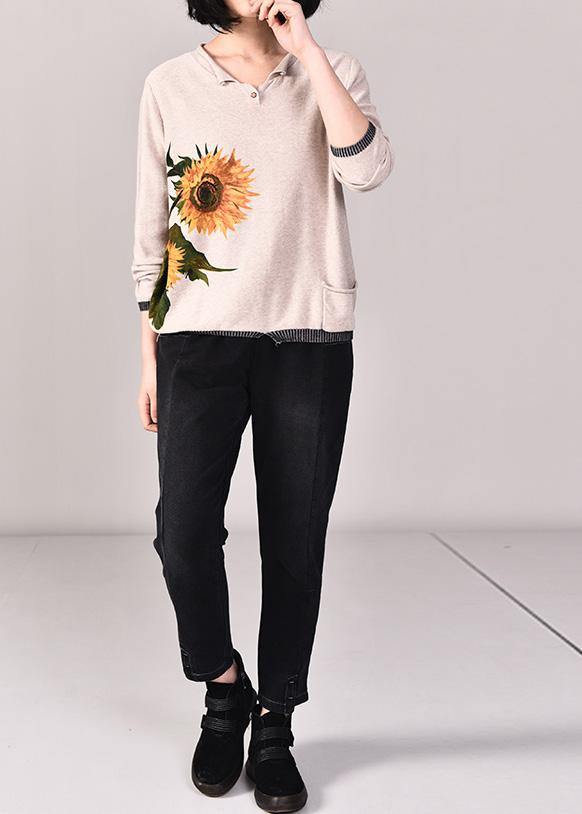 For Work Beige Knitted Tops Loose Knitwear Prints