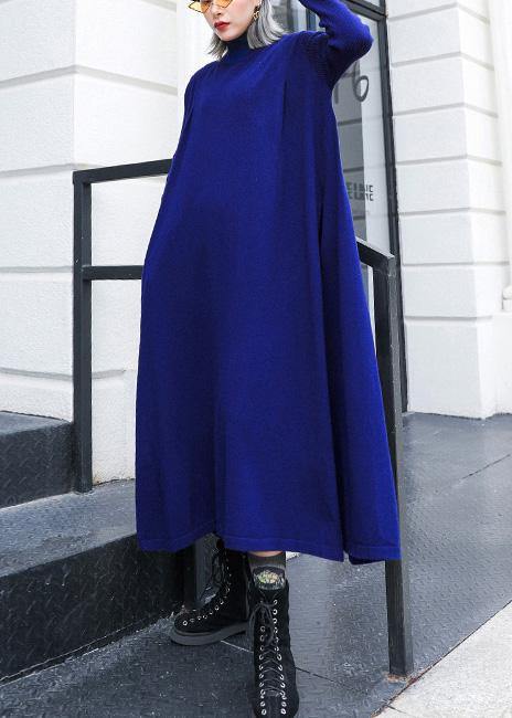 For Work Blue Sweater Dress Design High Neck Large Hem Art Fall Knit Dress
