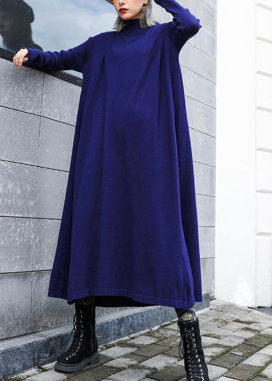 For Work Blue Sweater Dress Design High Neck Large Hem Art Fall Knit Dress