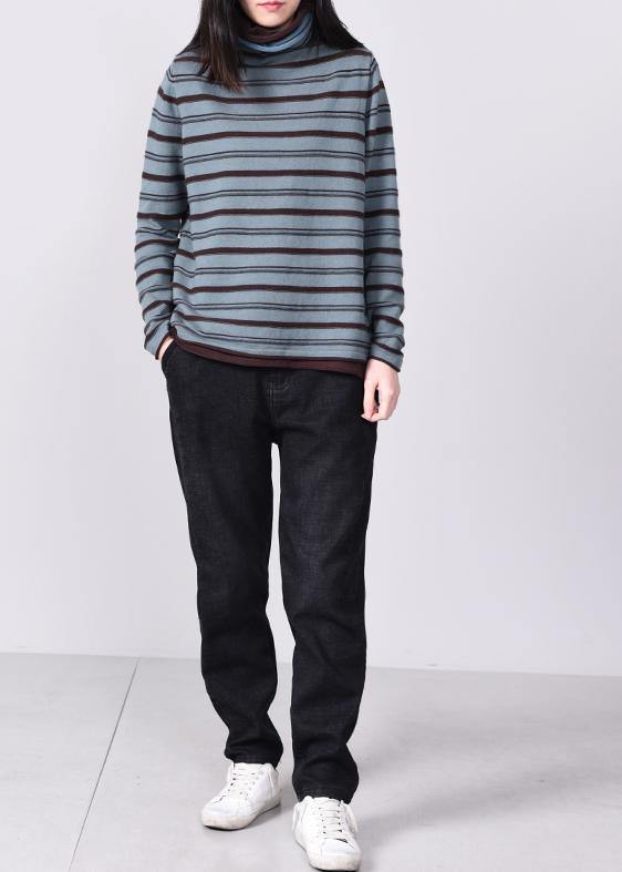 For Work Blue Knitted Blouse Striped Sweaters High Neck