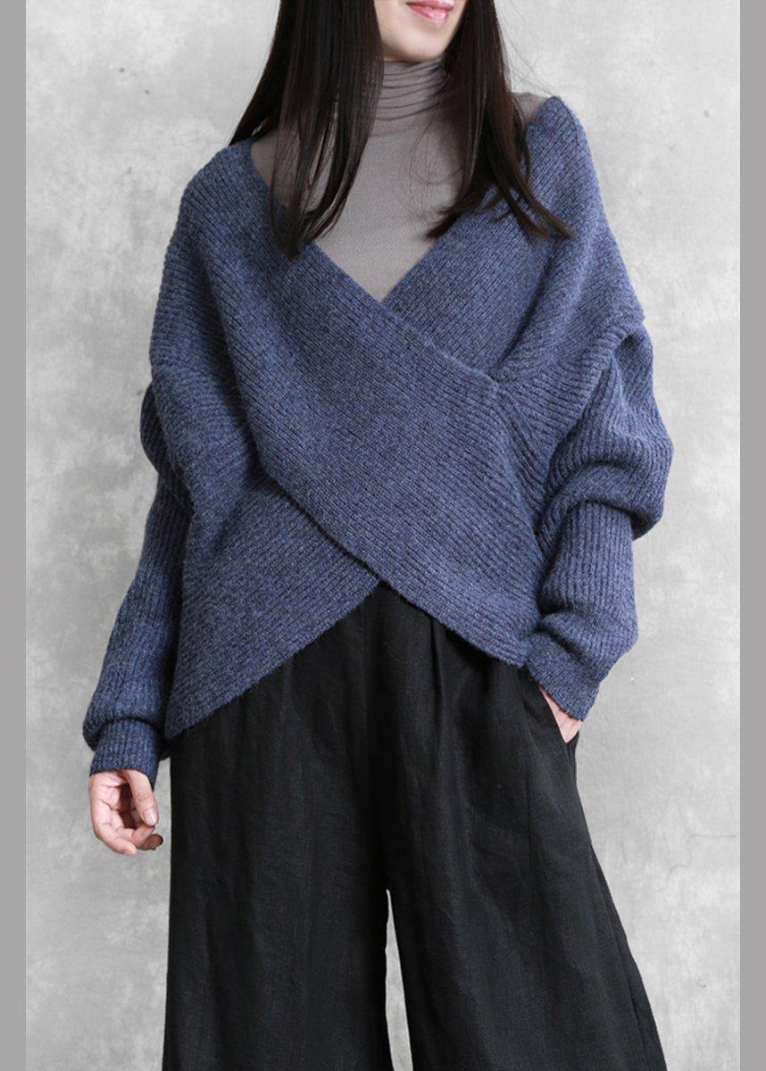 For Work Blue Knitted Clothes Knit Sweat Tops V Neck Batwing Sleeve