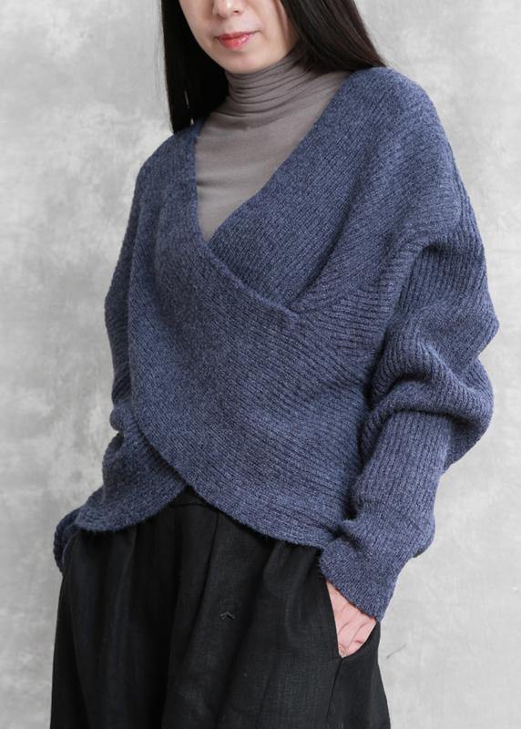 For Work Blue Knitted Clothes Knit Sweat Tops V Neck Batwing Sleeve