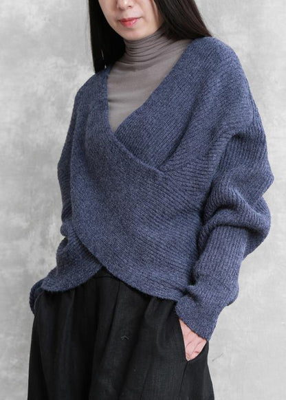 For Work Blue Knitted Clothes Knit Sweat Tops V Neck Batwing Sleeve