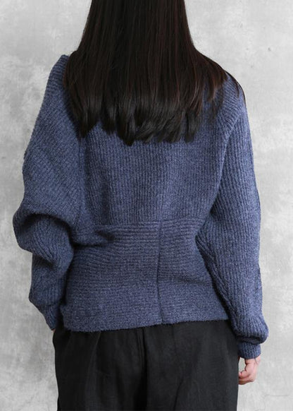 For Work Blue Knitted Clothes Knit Sweat Tops V Neck Batwing Sleeve