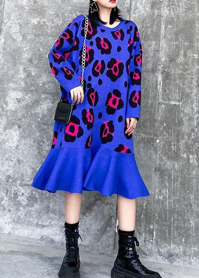 For Work Blue Print Sweater Weather Largo O Neck Ruffles Big Knit Dress