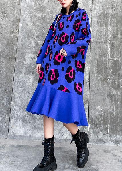 For Work Blue Print Sweater Weather Largo O Neck Ruffles Big Knit Dress