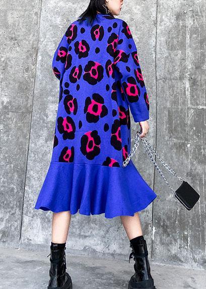 For Work Blue Print Sweater Weather Largo O Neck Ruffles Big Knit Dress