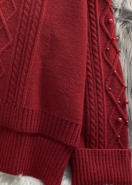 For Work Burgundy Sweater Blouse Low High Design Oversize High Neck Knitwear