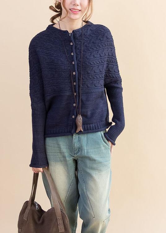 For Work Dark Blue Loose Fitting Fall Knitwear O Neck Button Down Tops