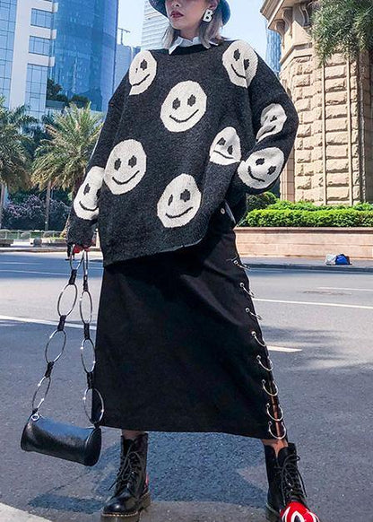 For Work Dark Gray Print Clothes O Neck Knit Tops