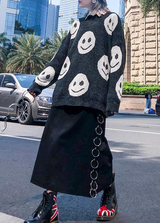 For Work Dark Gray Print Clothes O Neck Knit Tops
