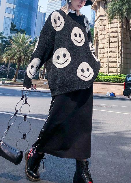 For Work Dark Gray Print Clothes O Neck Knit Tops