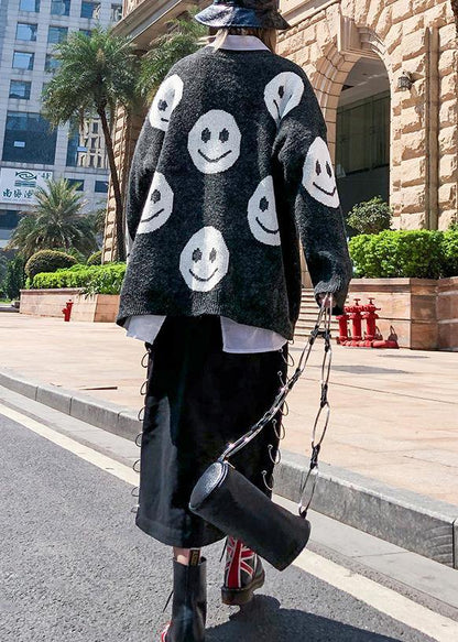 For Work Dark Gray Print Clothes O Neck Knit Tops