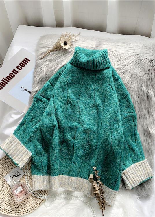 For Work Fall Green Knit Sweat Tops High Neck Patchwork Blouse