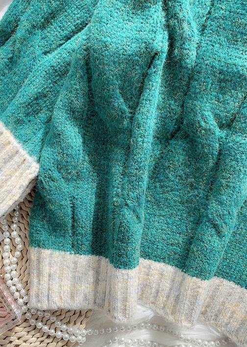 For Work Fall Green Knit Sweat Tops High Neck Patchwork Blouse