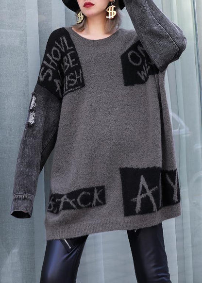 For Work Gray Chocolate Patchwork Knitted Clothes O Neck Hole Knitwear