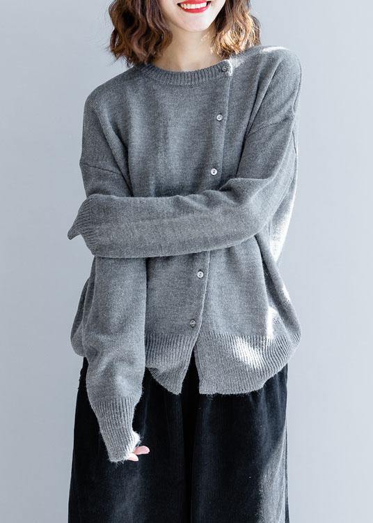 For Work Gray Knitted Clothes O Neck Pockets Sweaters