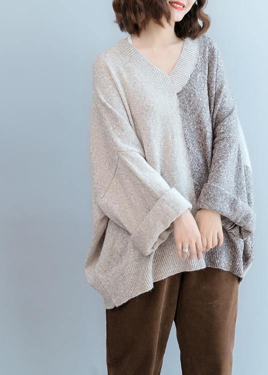 For Work Gray Knitted T Shirt V Neck Patchwork Knit Sweat Tops