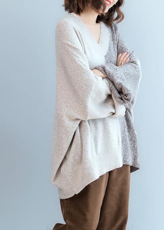 For Work Gray Knitted T Shirt V Neck Patchwork Knit Sweat Tops