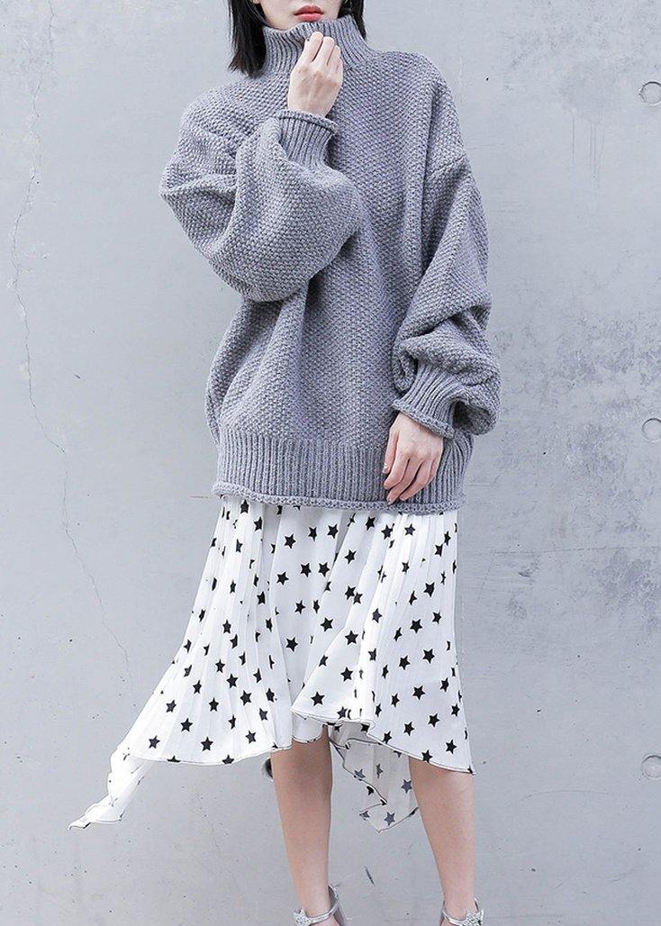 For Work Gray Knitwear Clothing High Neck Lantern Sleeve Knitted T Shirt