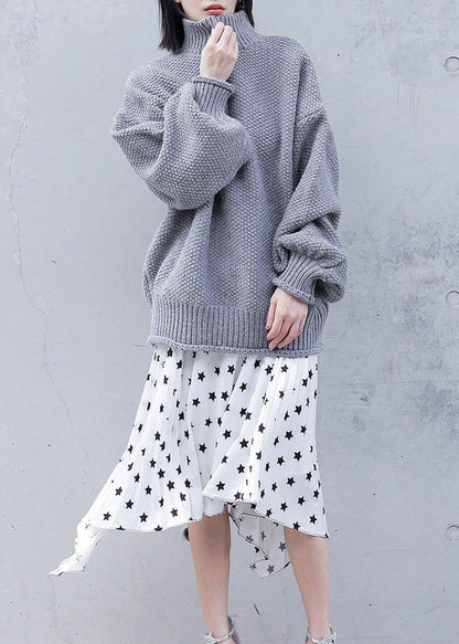 For Work Gray Knitwear Clothing High Neck Lantern Sleeve Knitted T Shirt