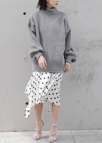 For Work Gray Knitwear Clothing High Neck Lantern Sleeve Knitted T Shirt