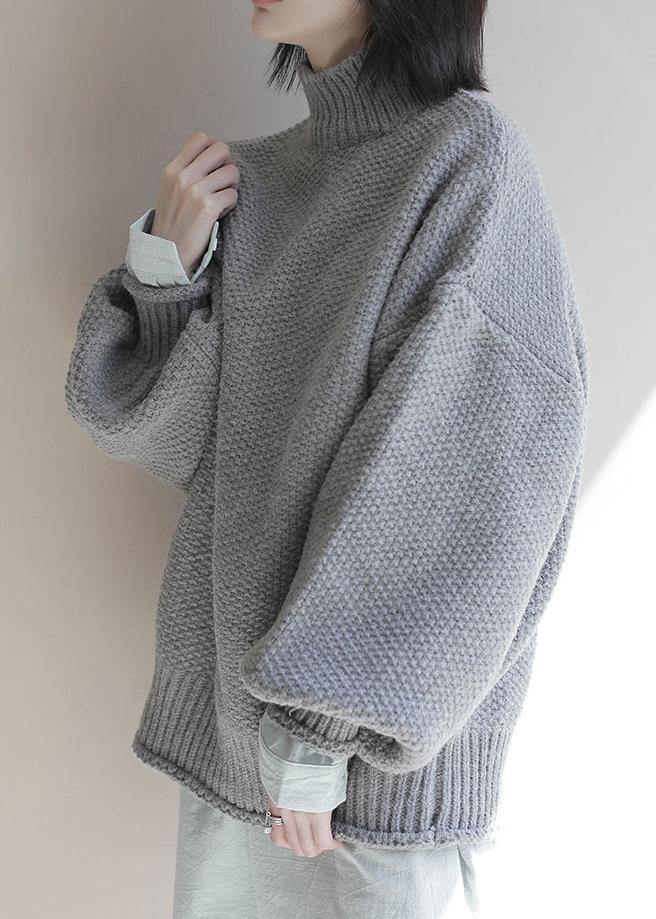 For Work Gray Knitwear Clothing High Neck Lantern Sleeve Knitted T Shirt