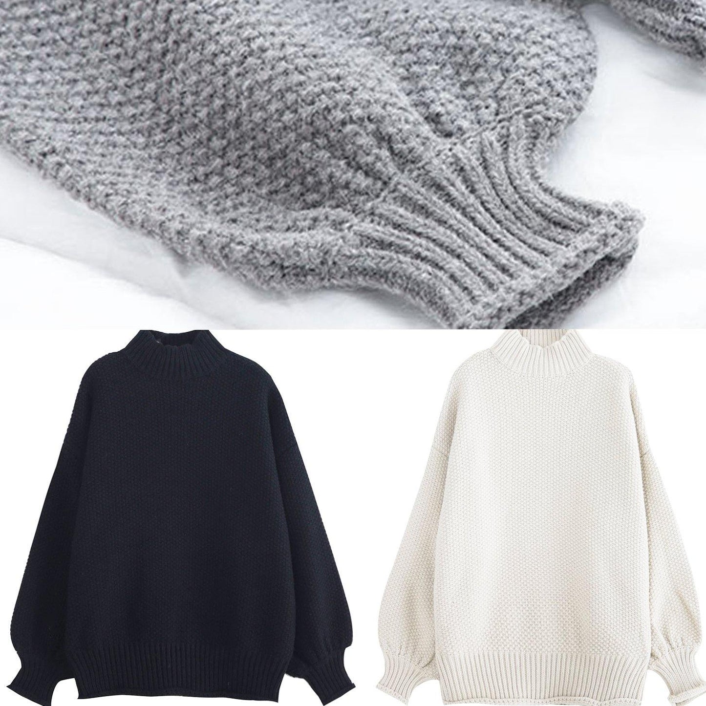For Work Gray Knitwear Clothing High Neck Lantern Sleeve Knitted T Shirt