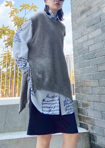 For Work Gray Sweater Tops O Neck Sleeveless Oversize Knitwear